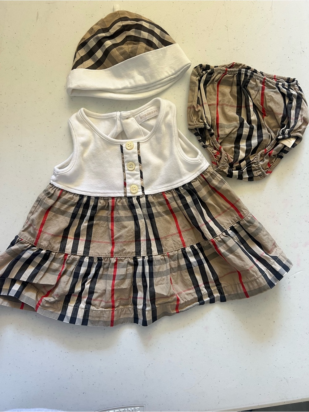Burberry Beige, Black & Red Plaid Baby Dress Set